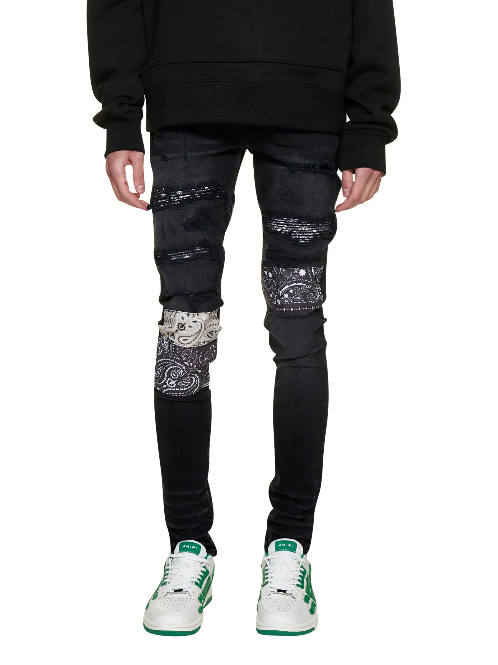 Amiri Bandana-Print Distressed Low-Rise Jeans