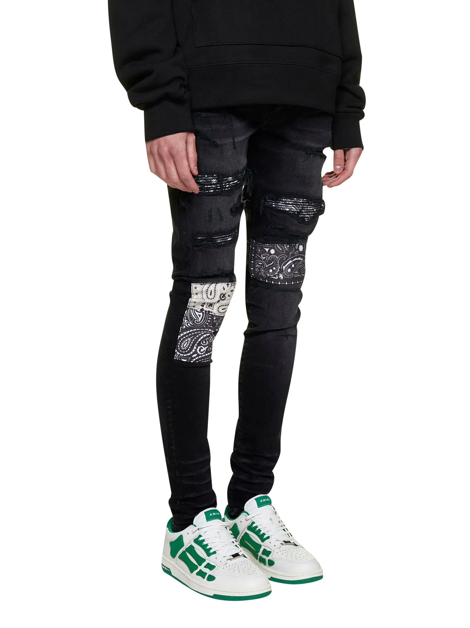 Amiri Bandana-Print Distressed Low-Rise Jeans