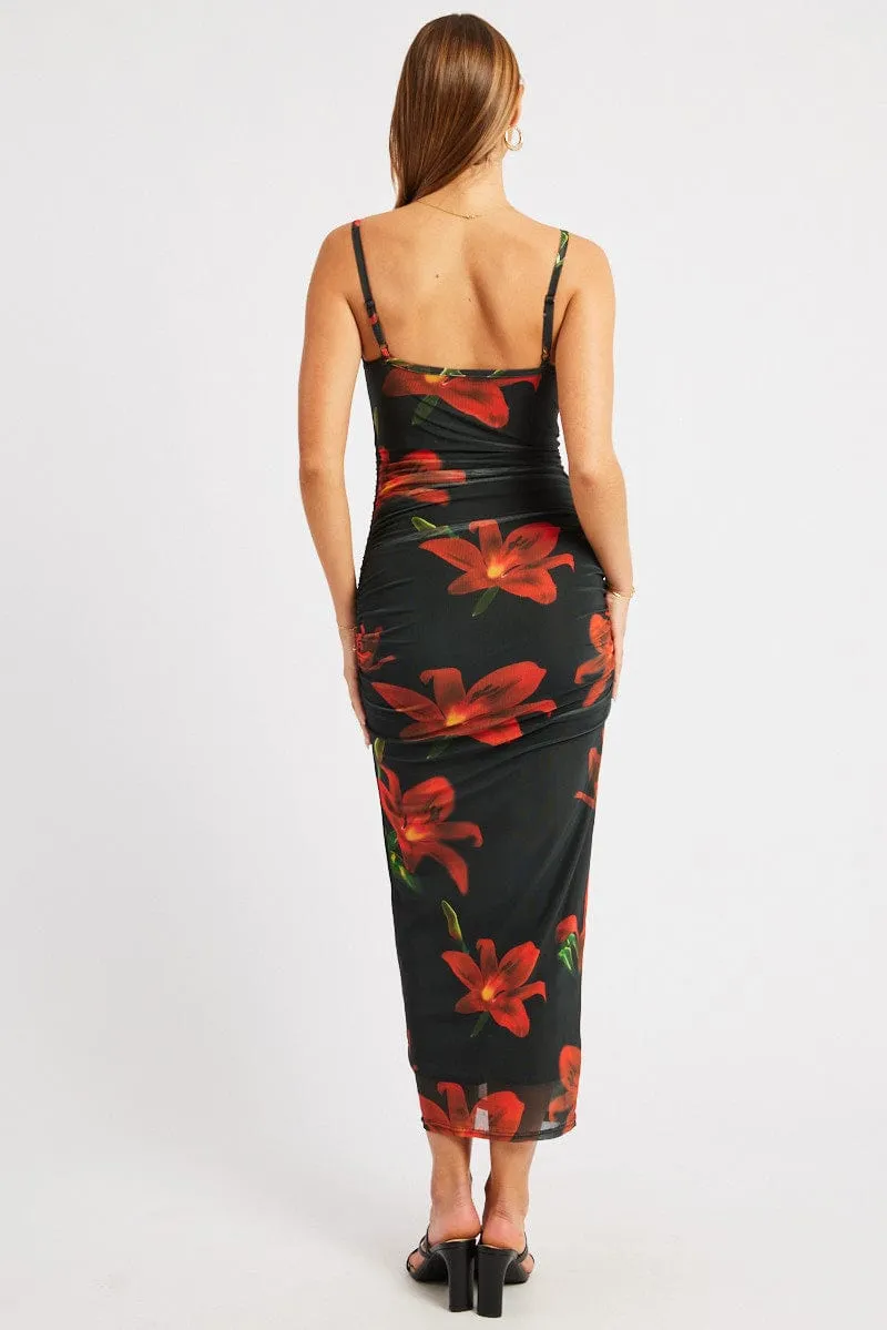 Black Floral Bodycon Dress Singlet Mesh