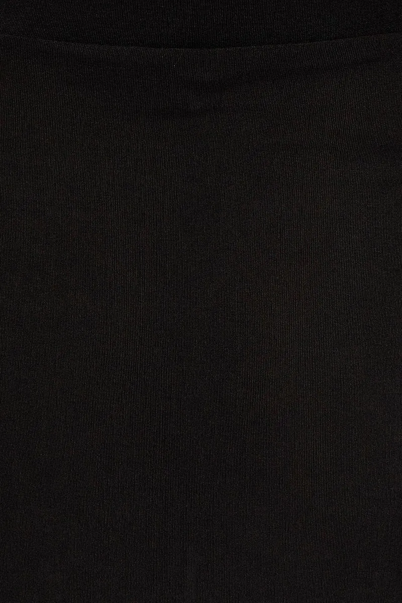 Black Jersey Elastic Waist Front Split Midi Skirt