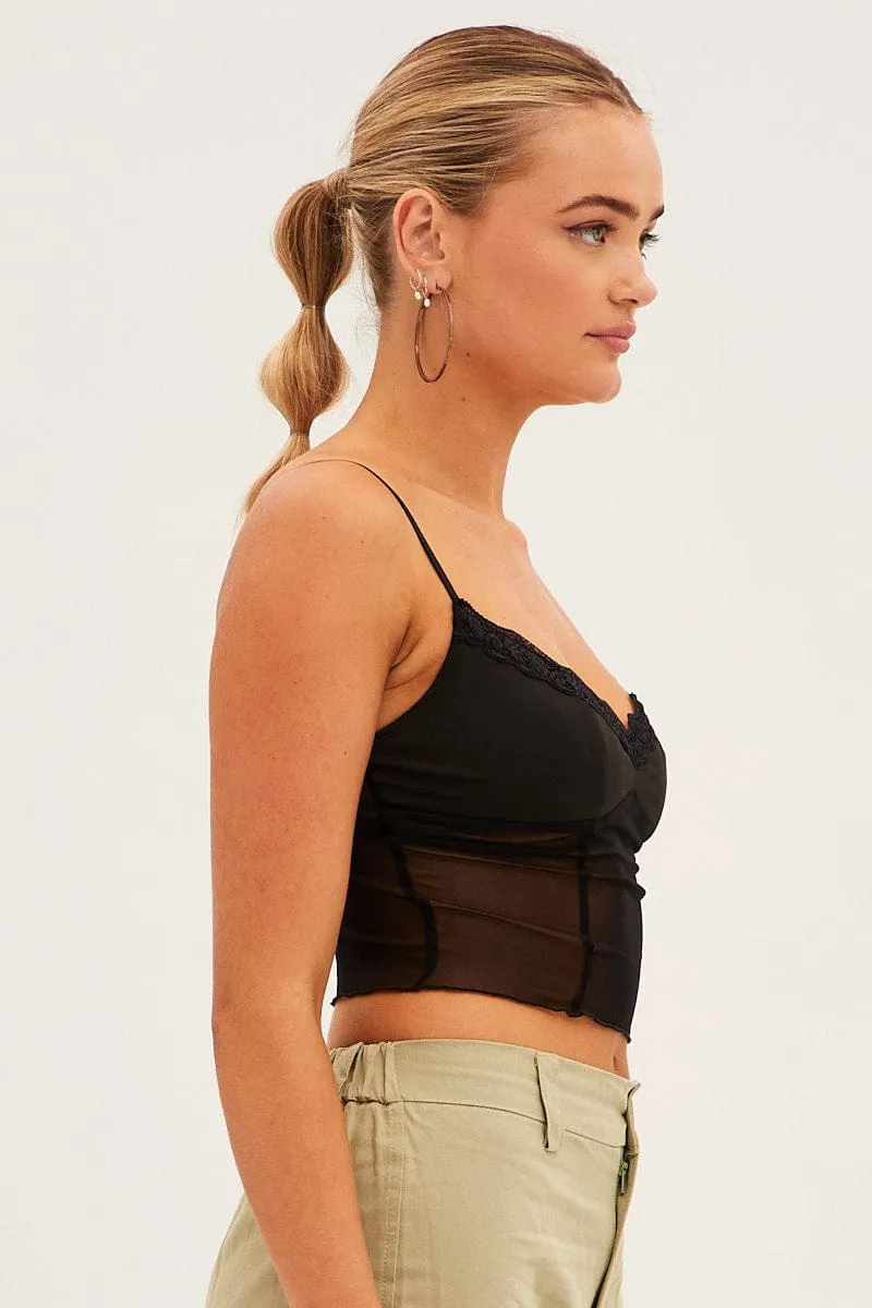 Black Lace Trim Mesh Cami Top
