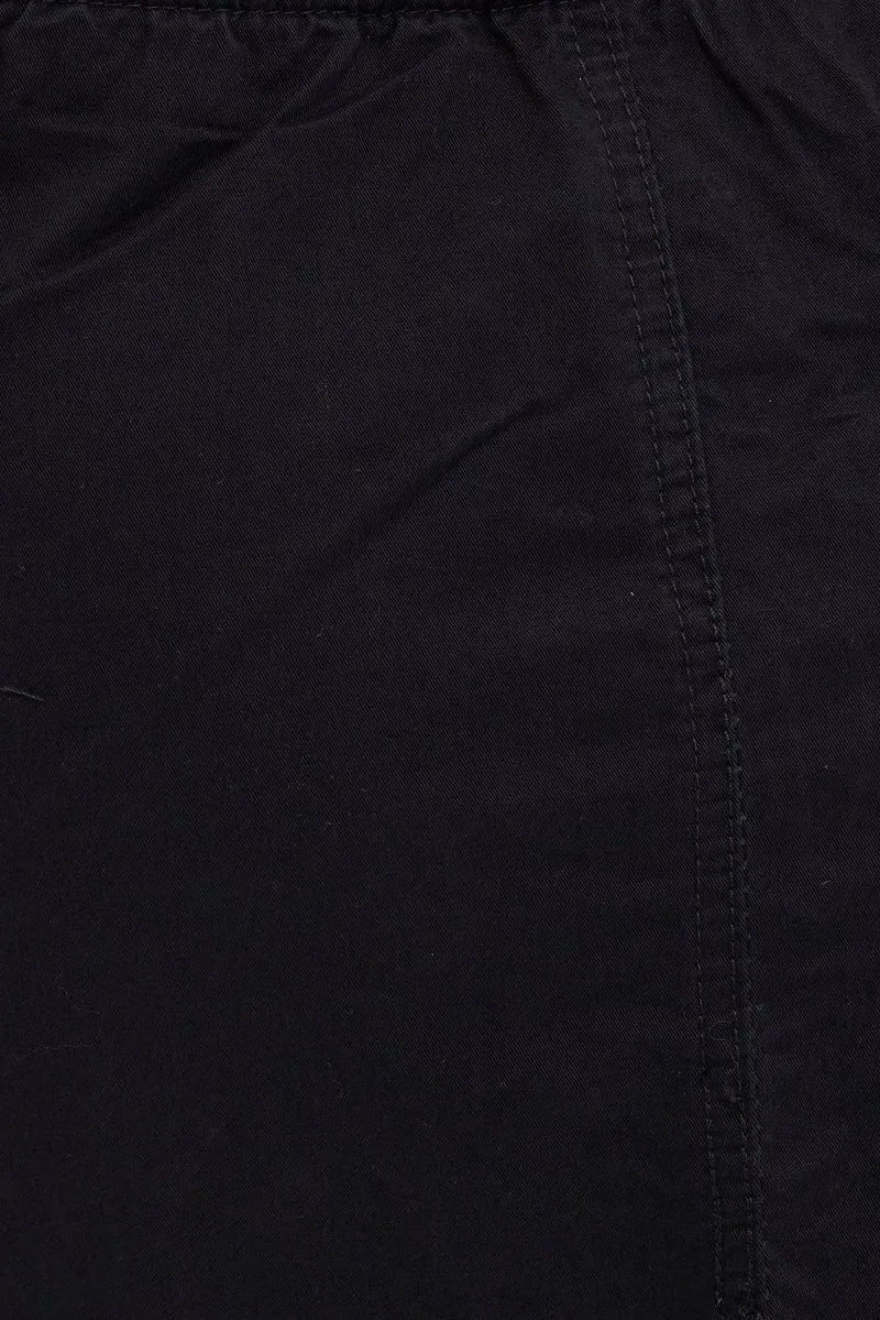 Black Midi Skirt Mid Rise Cargo Drawstring Elastic Waist
