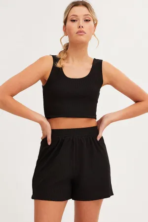 Black Rib Jersey Crop And Shorts Set