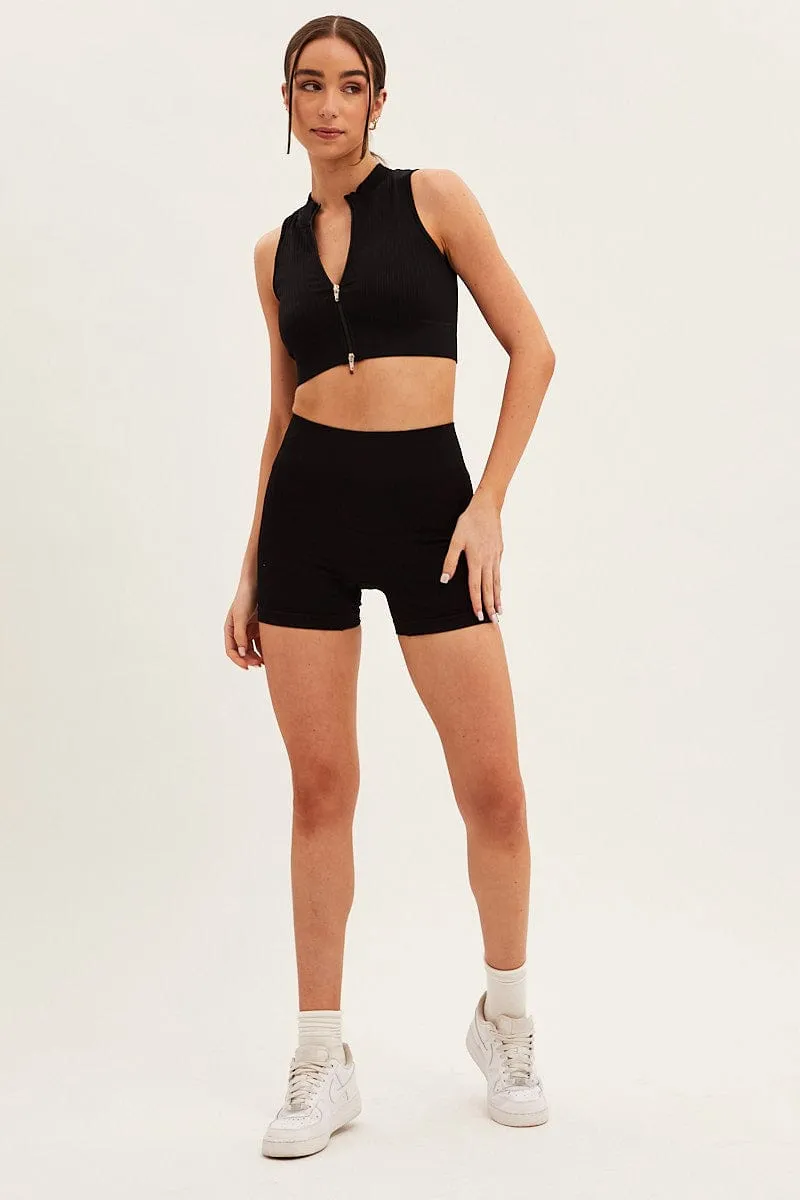 Black Seamless Zip Top And Bike Shorts Activewear Set