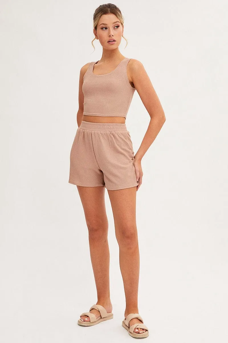 Brown Rib Jersey Crop And Shorts Set