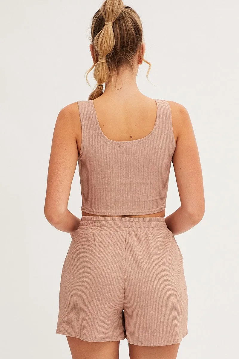 Brown Rib Jersey Crop And Shorts Set