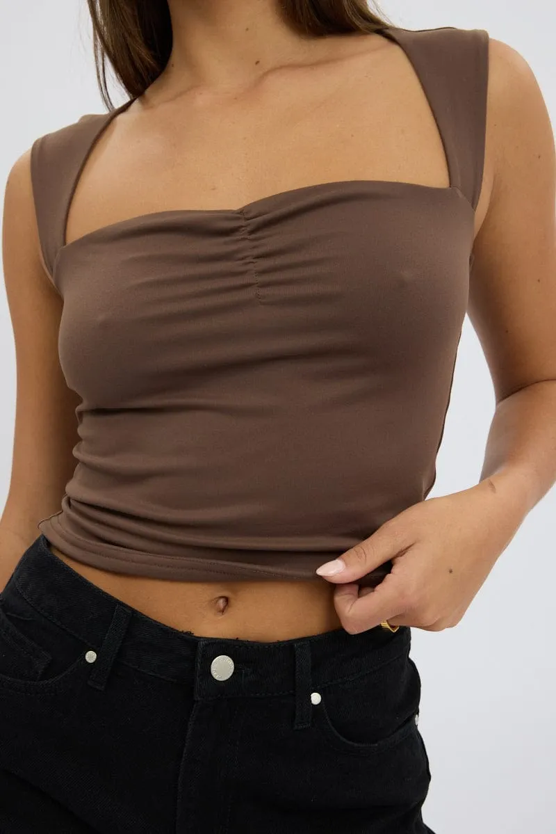 Brown Top Sleeveless Sweetheart Neck Supersoft