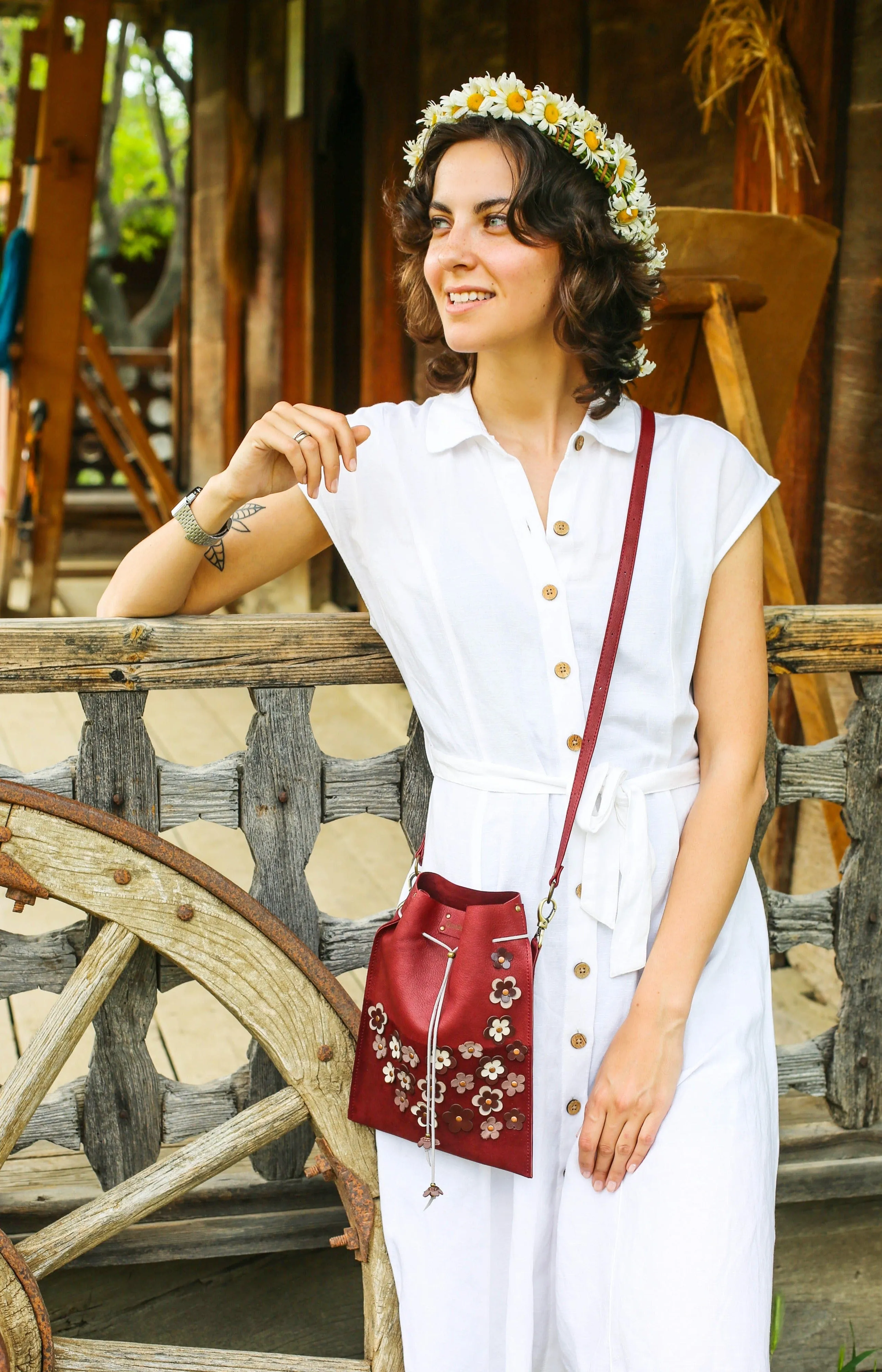 Burgundy Floral Suede Pouch Bag