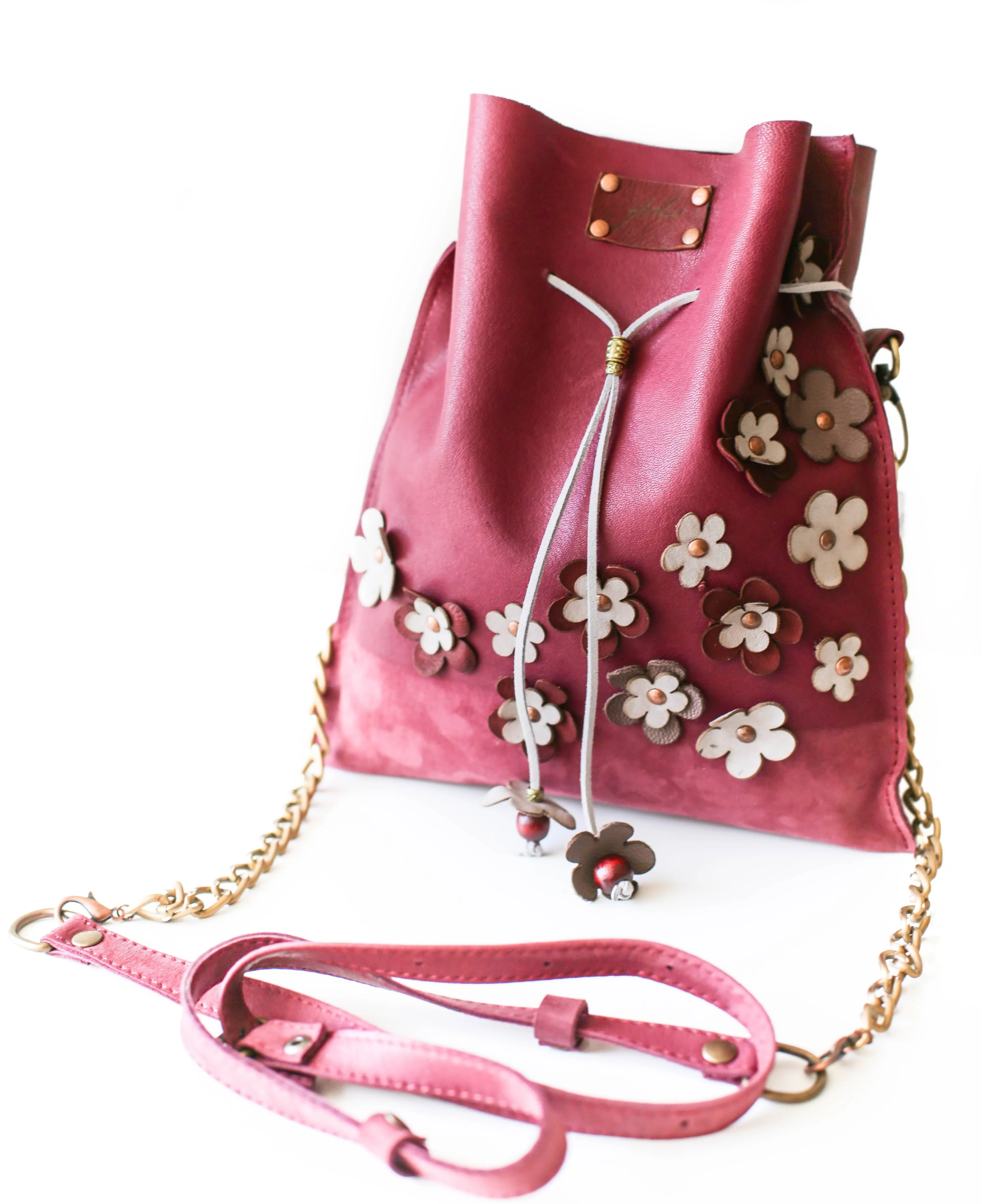 Burgundy Floral Suede Pouch Bag