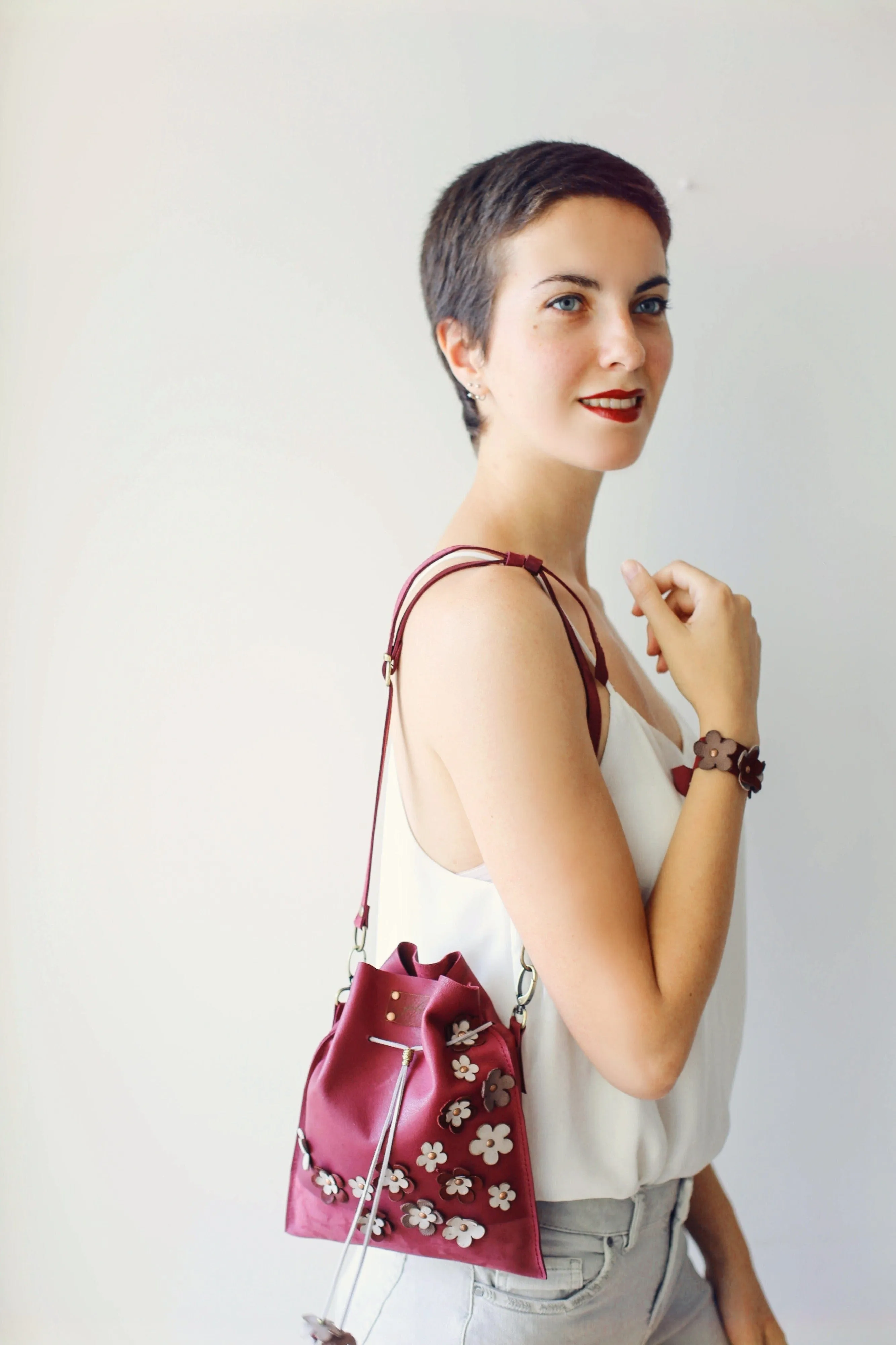 Burgundy Floral Suede Pouch Bag