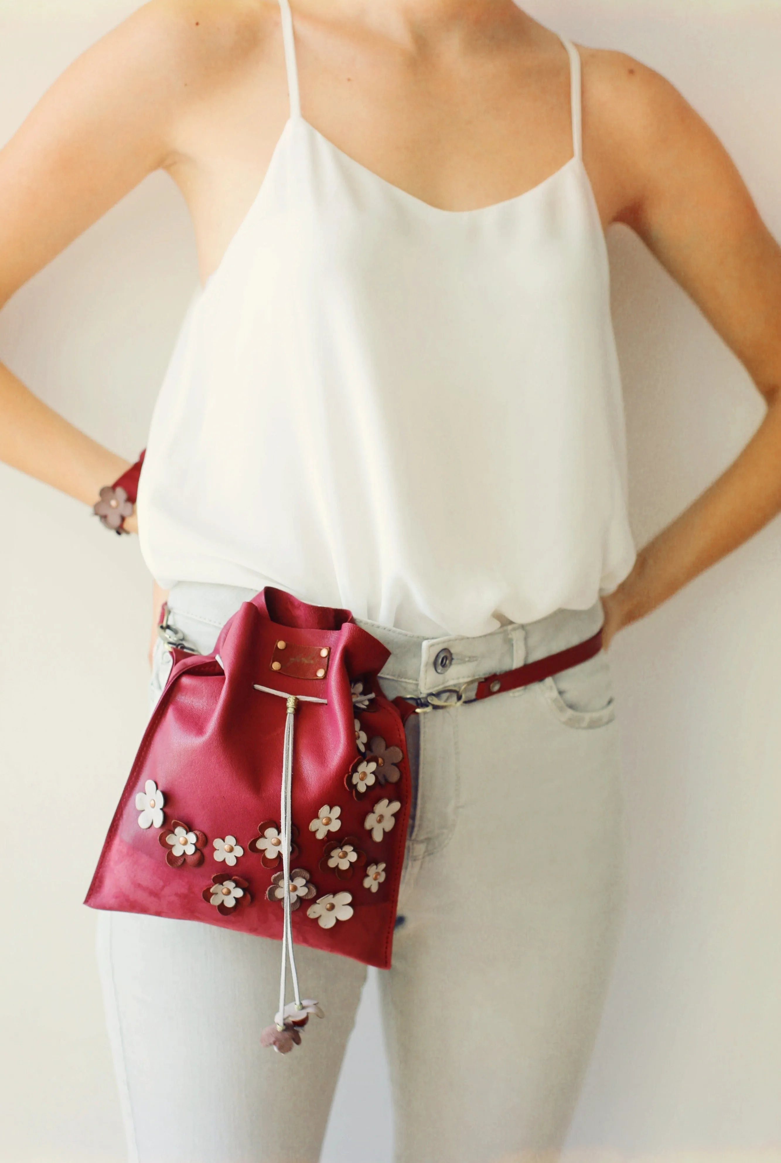 Burgundy Floral Suede Pouch Bag