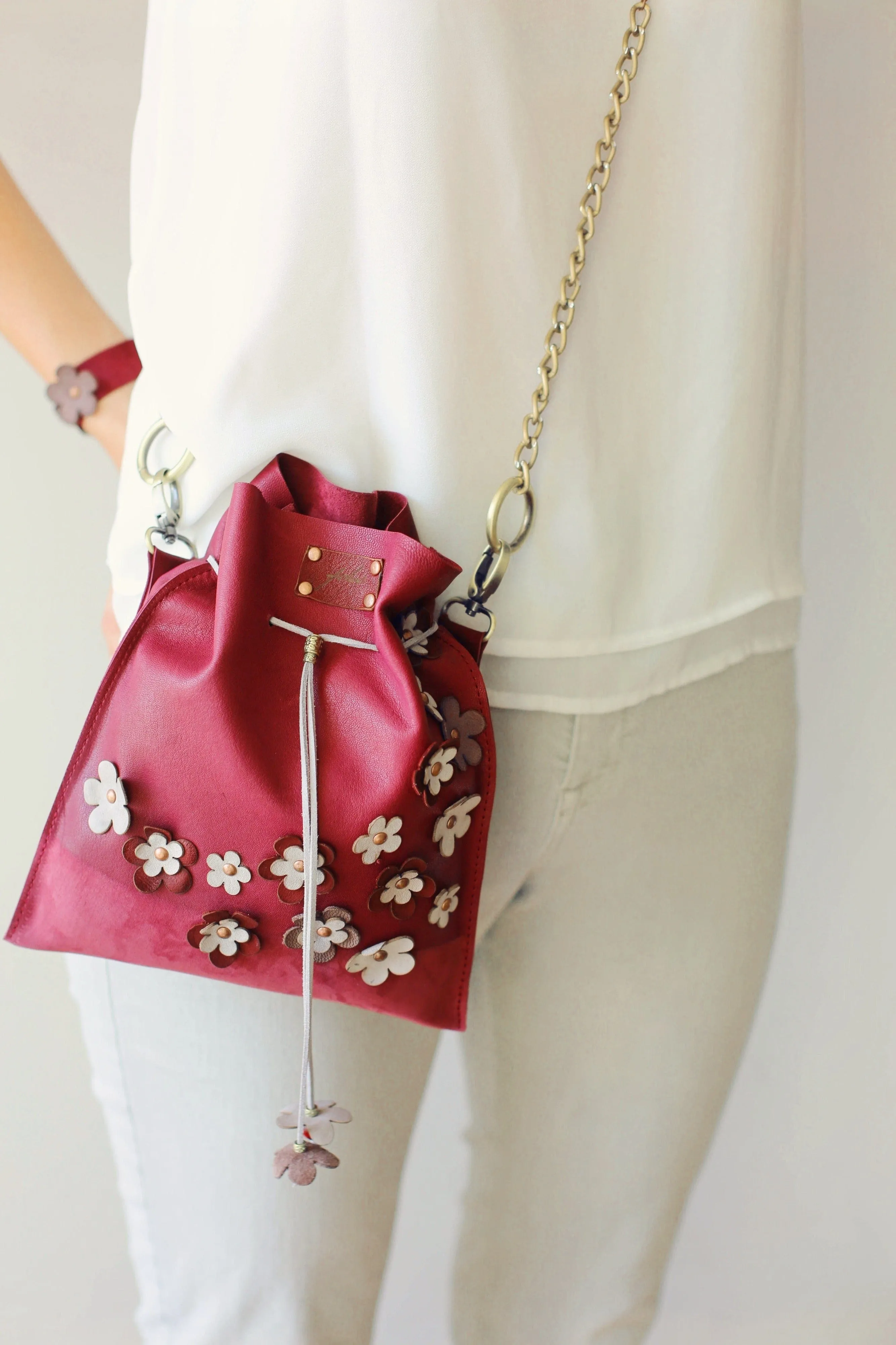 Burgundy Floral Suede Pouch Bag