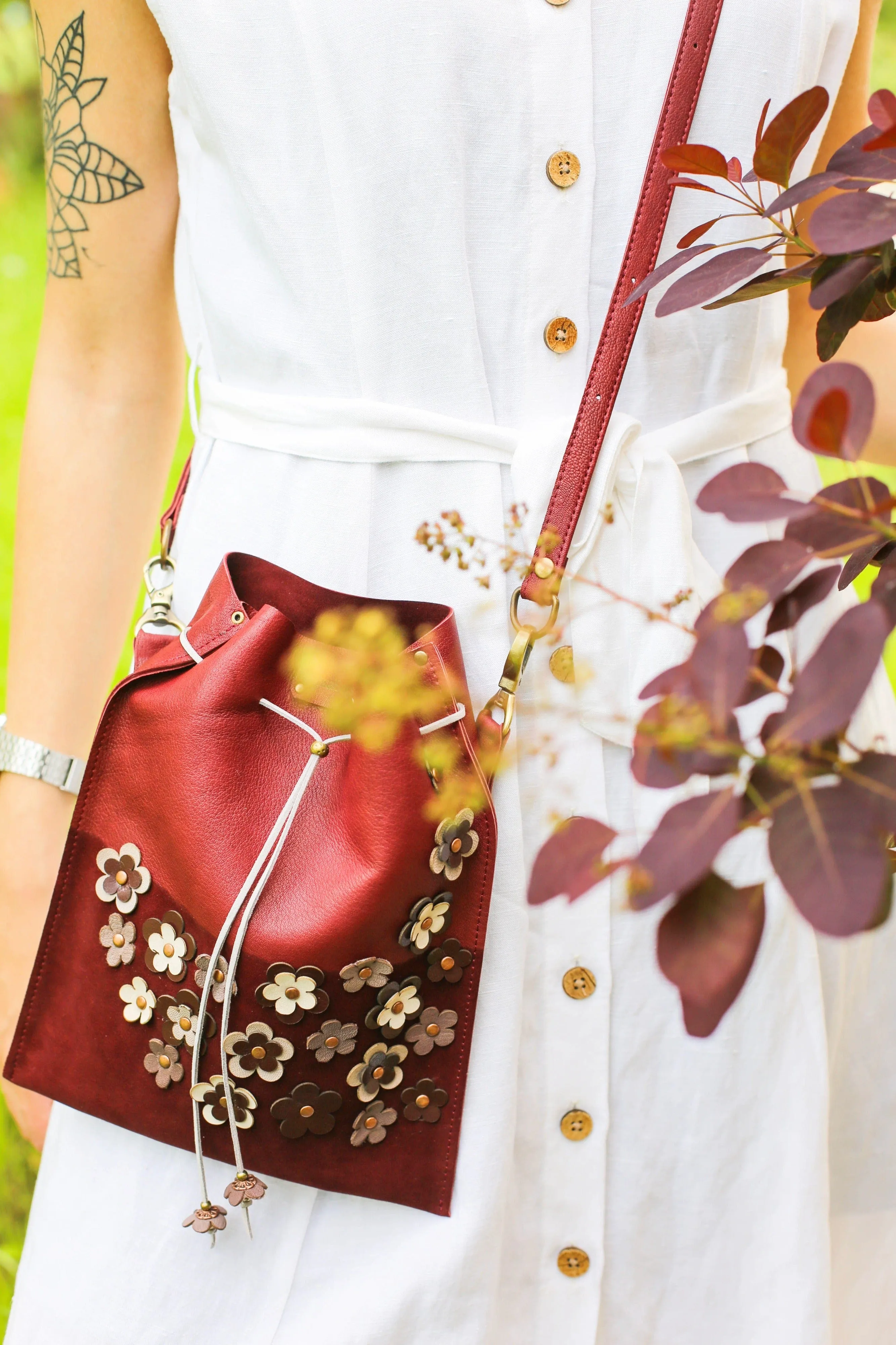 Burgundy Floral Suede Pouch Bag