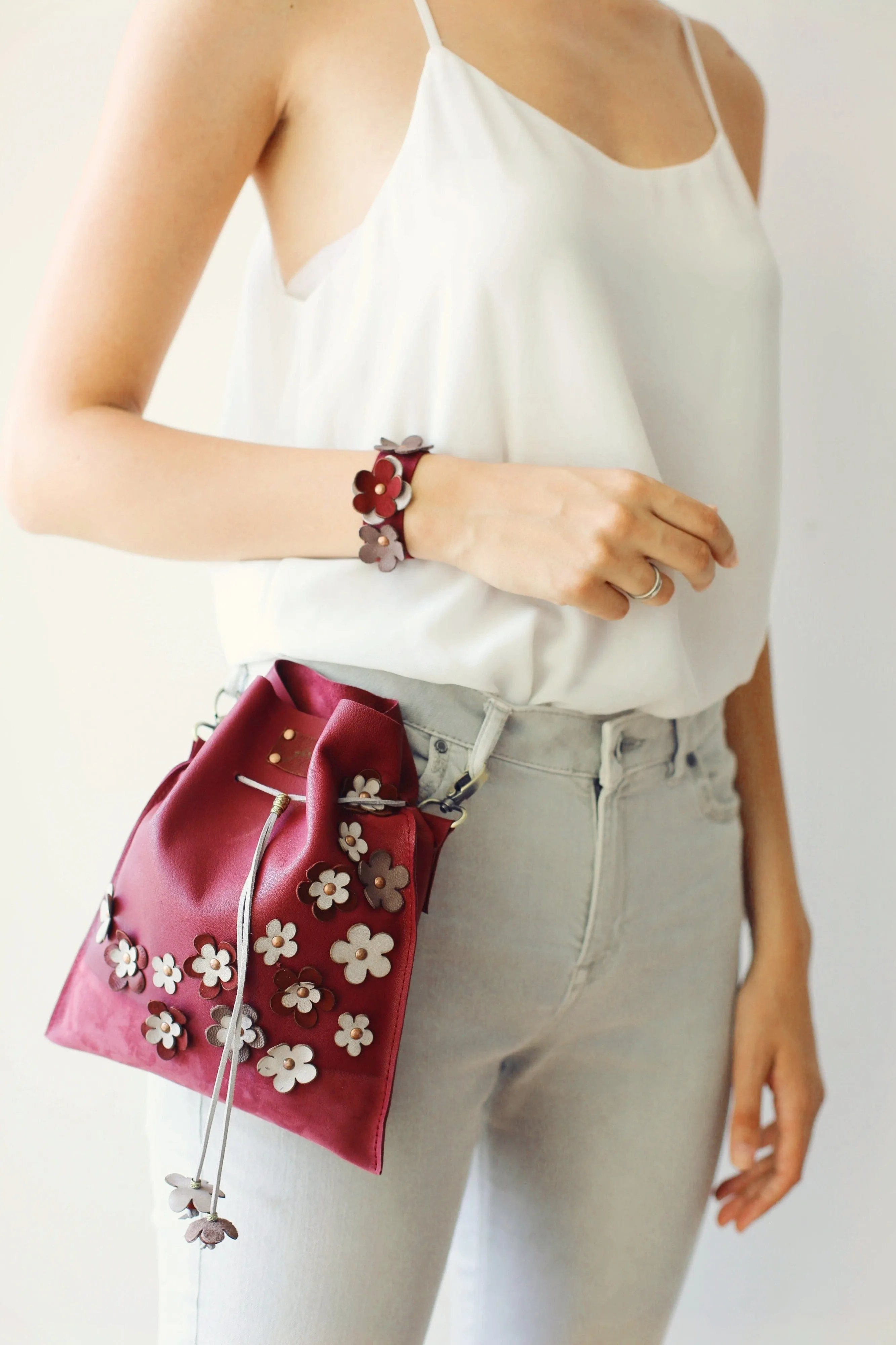 Burgundy Floral Suede Pouch Bag