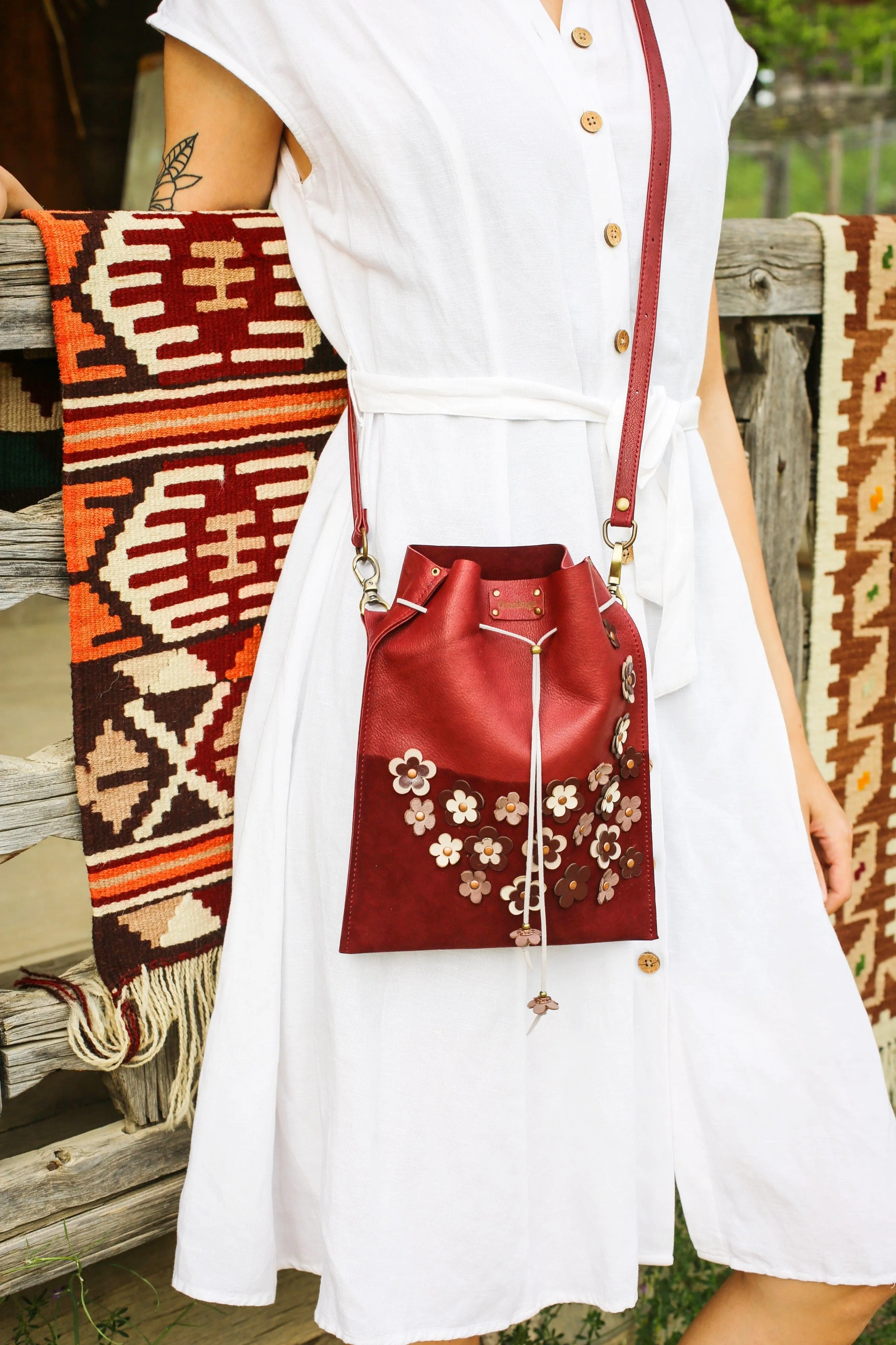 Burgundy Floral Suede Pouch Bag