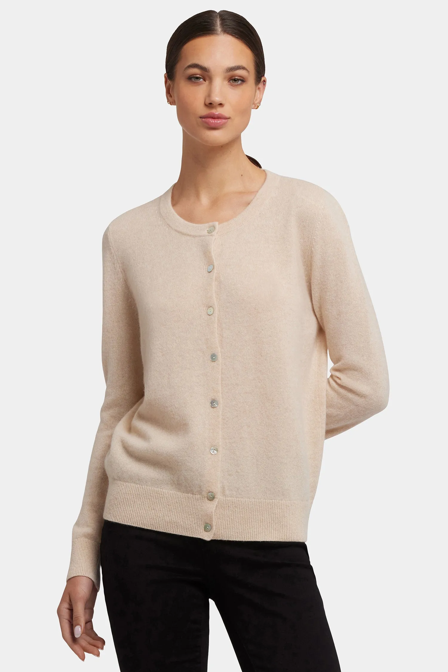 Cashmere Crewneck Cardigan - Heather Cream