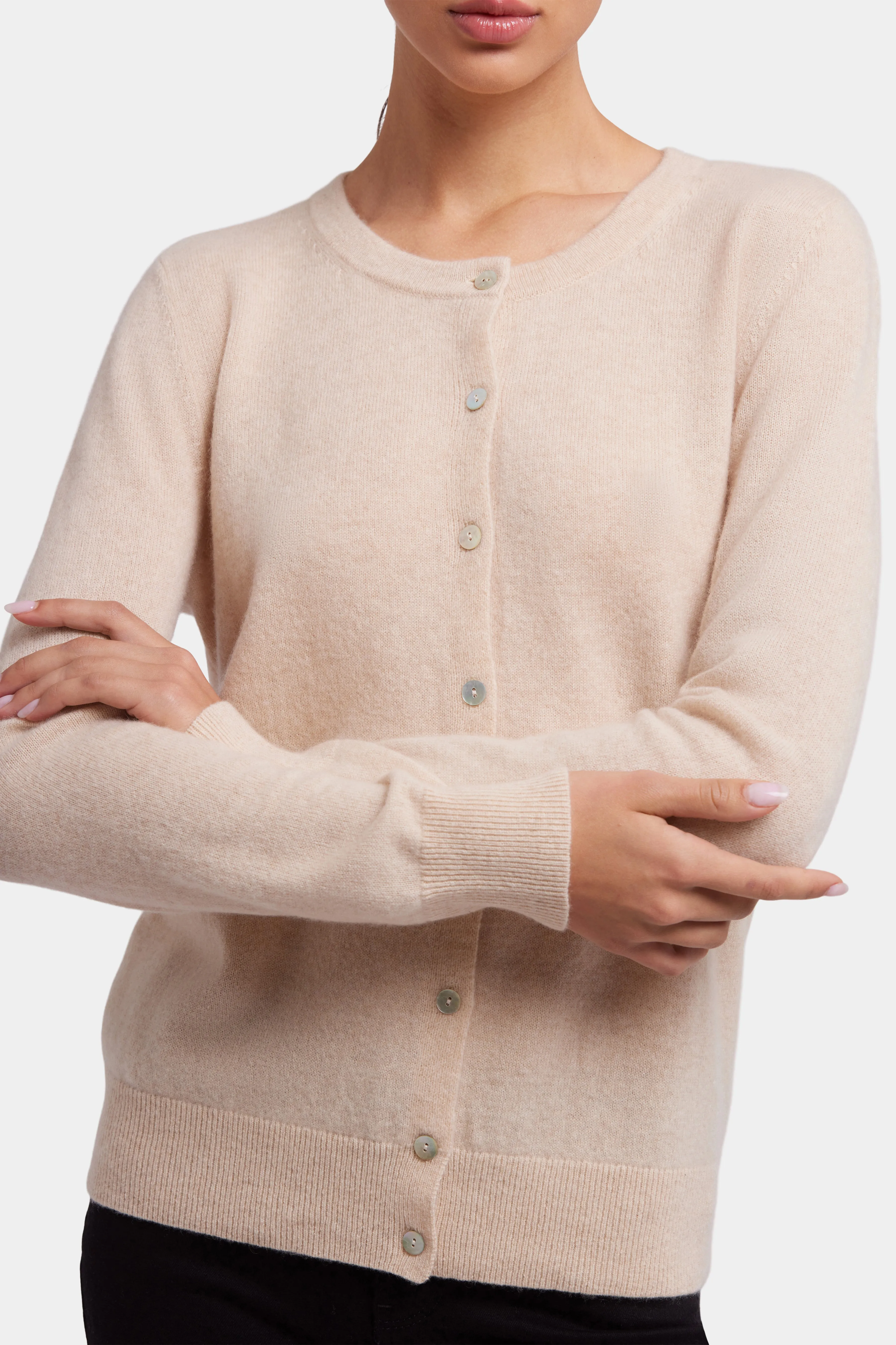 Cashmere Crewneck Cardigan - Heather Cream