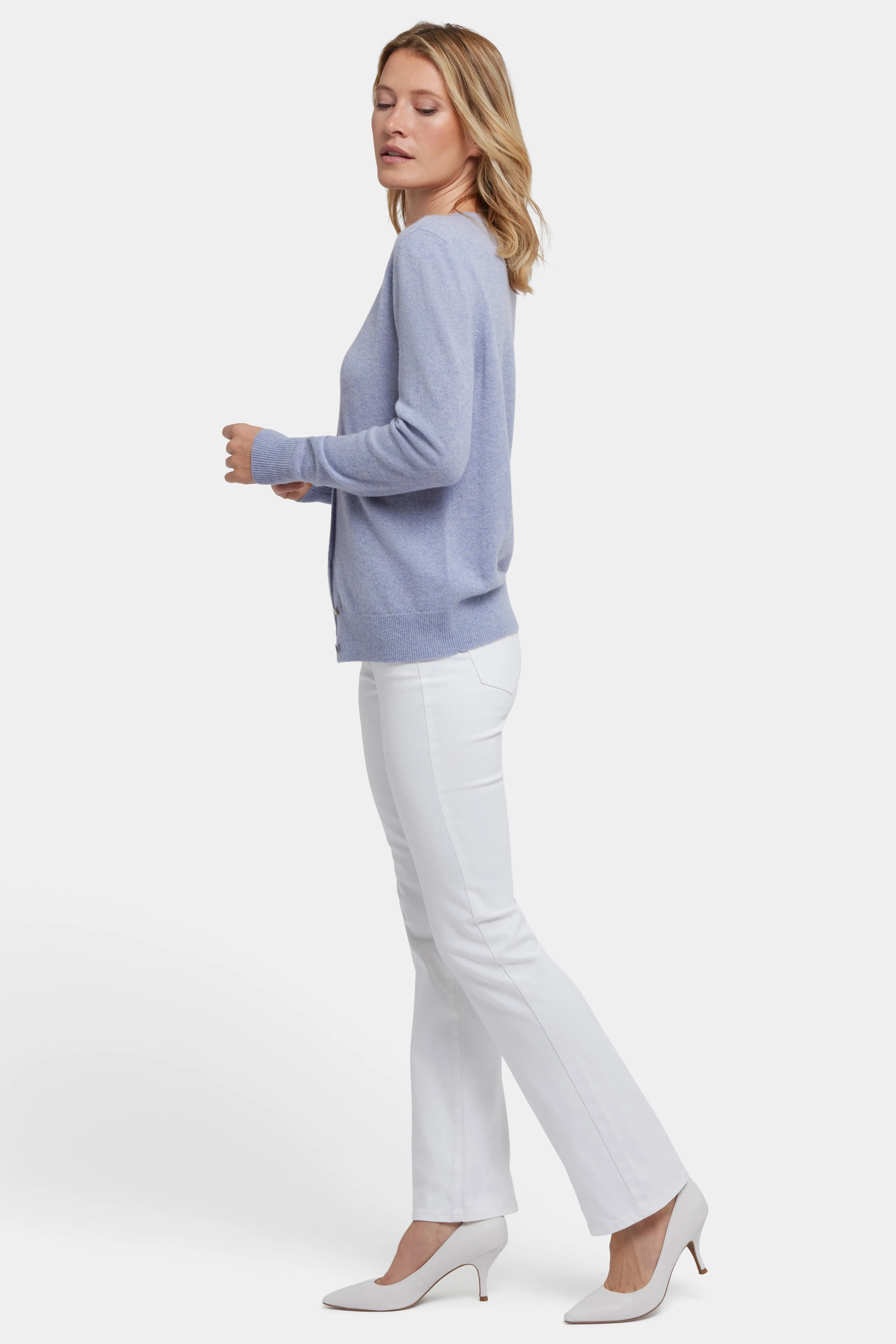 Cashmere Crewneck Cardigan - Heather Light Blue