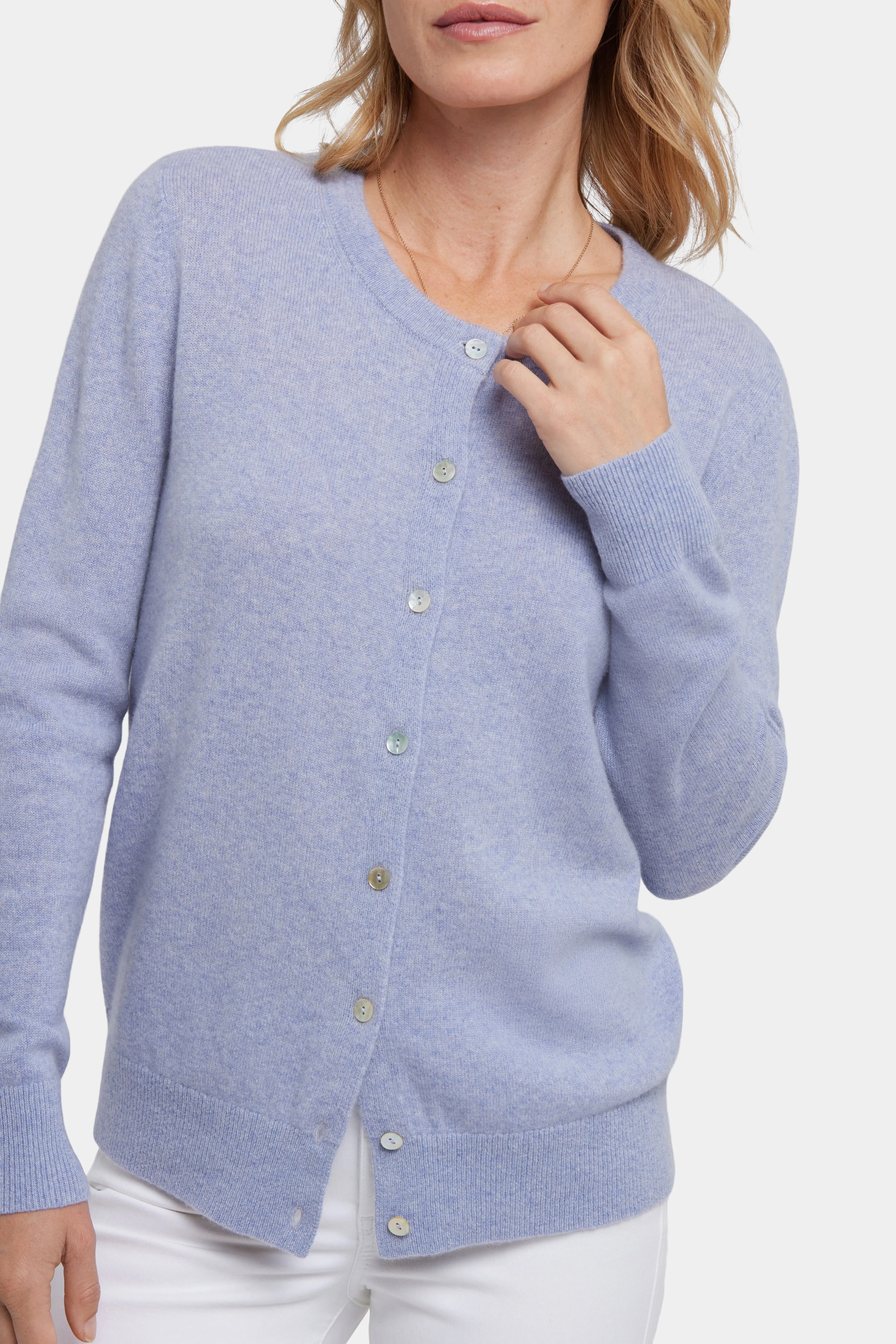 Cashmere Crewneck Cardigan - Heather Light Blue