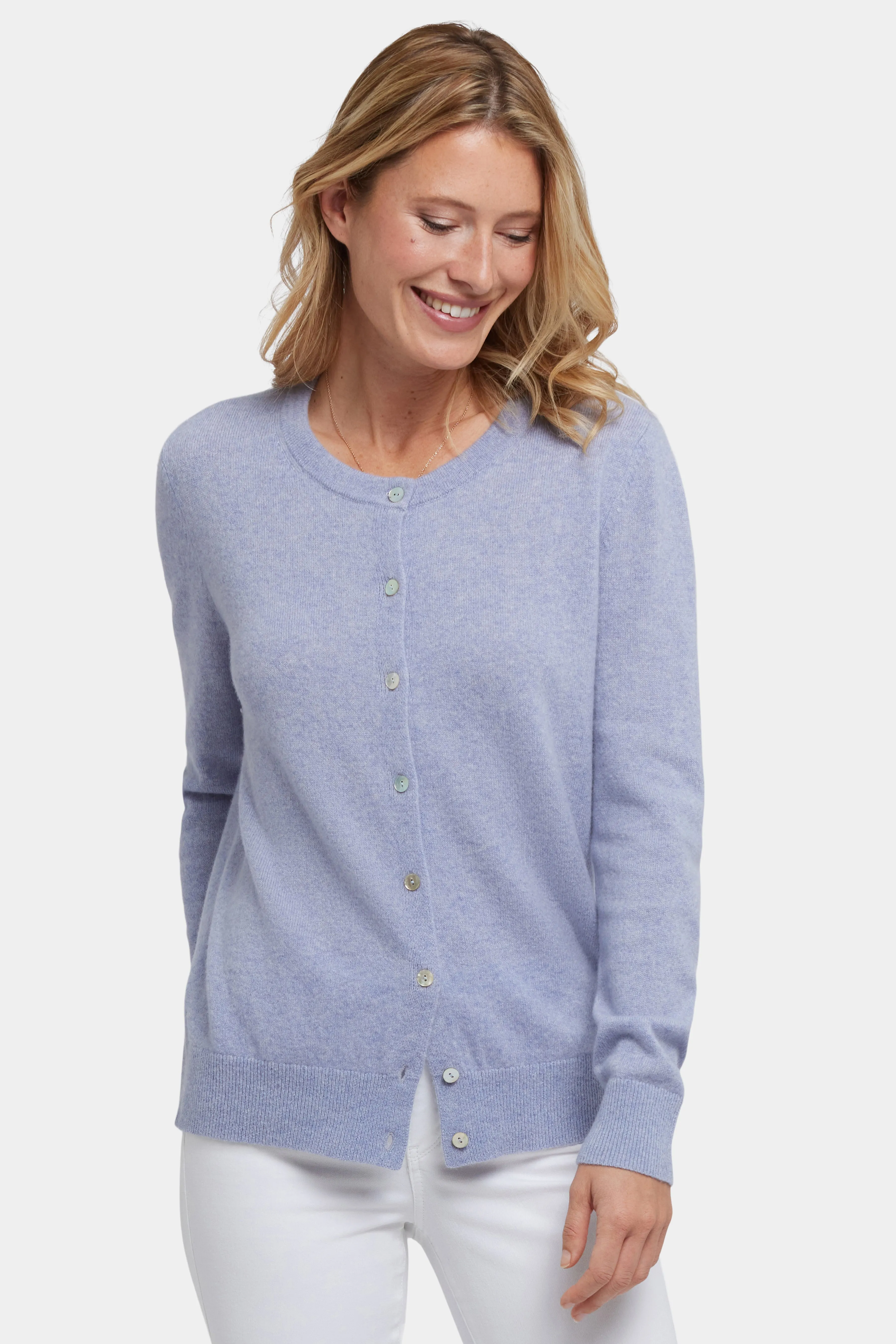 Cashmere Crewneck Cardigan - Heather Light Blue