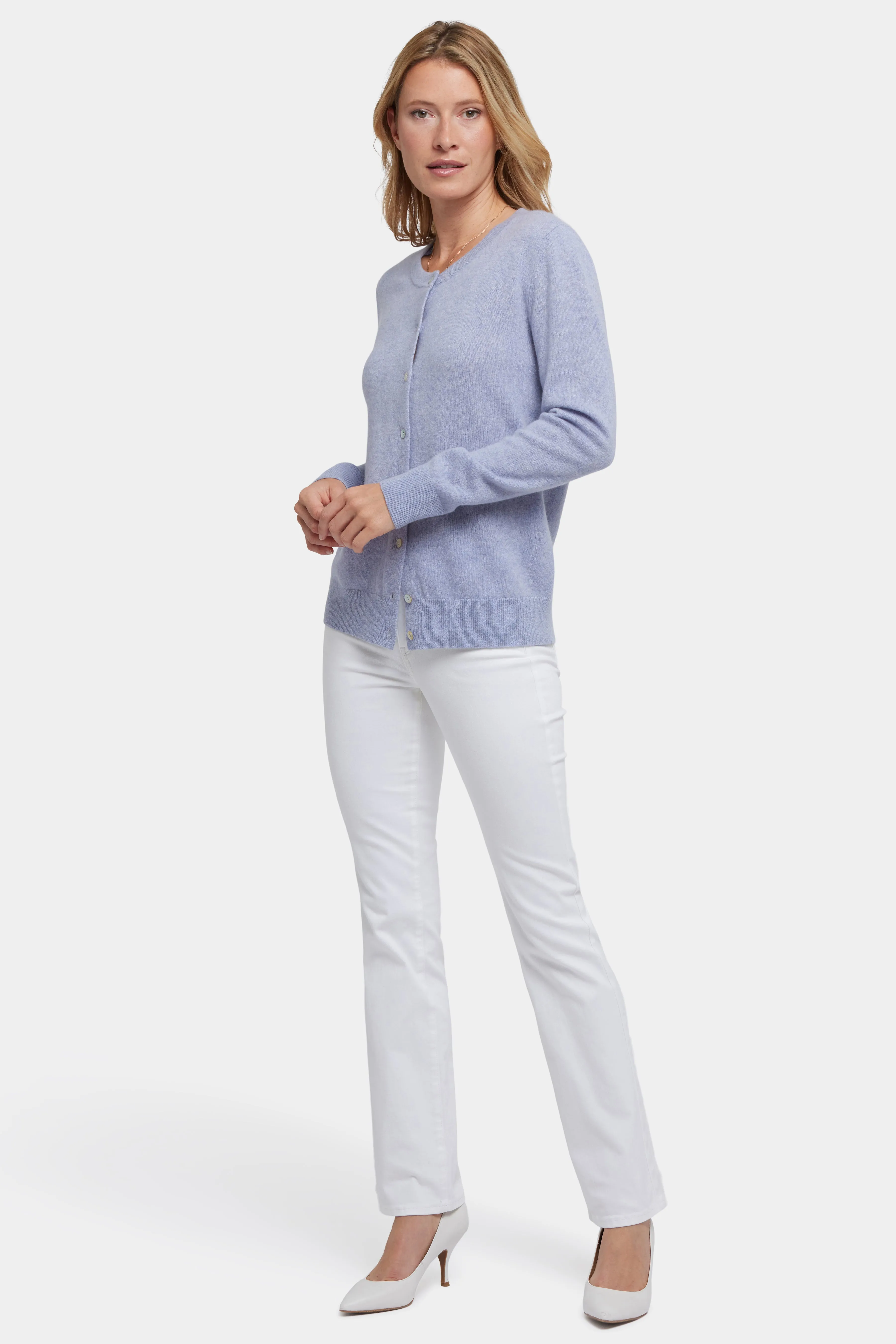 Cashmere Crewneck Cardigan - Heather Light Blue