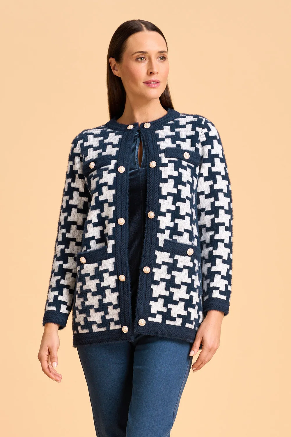 Faux Fur Cardigan - Ink Houndstooth