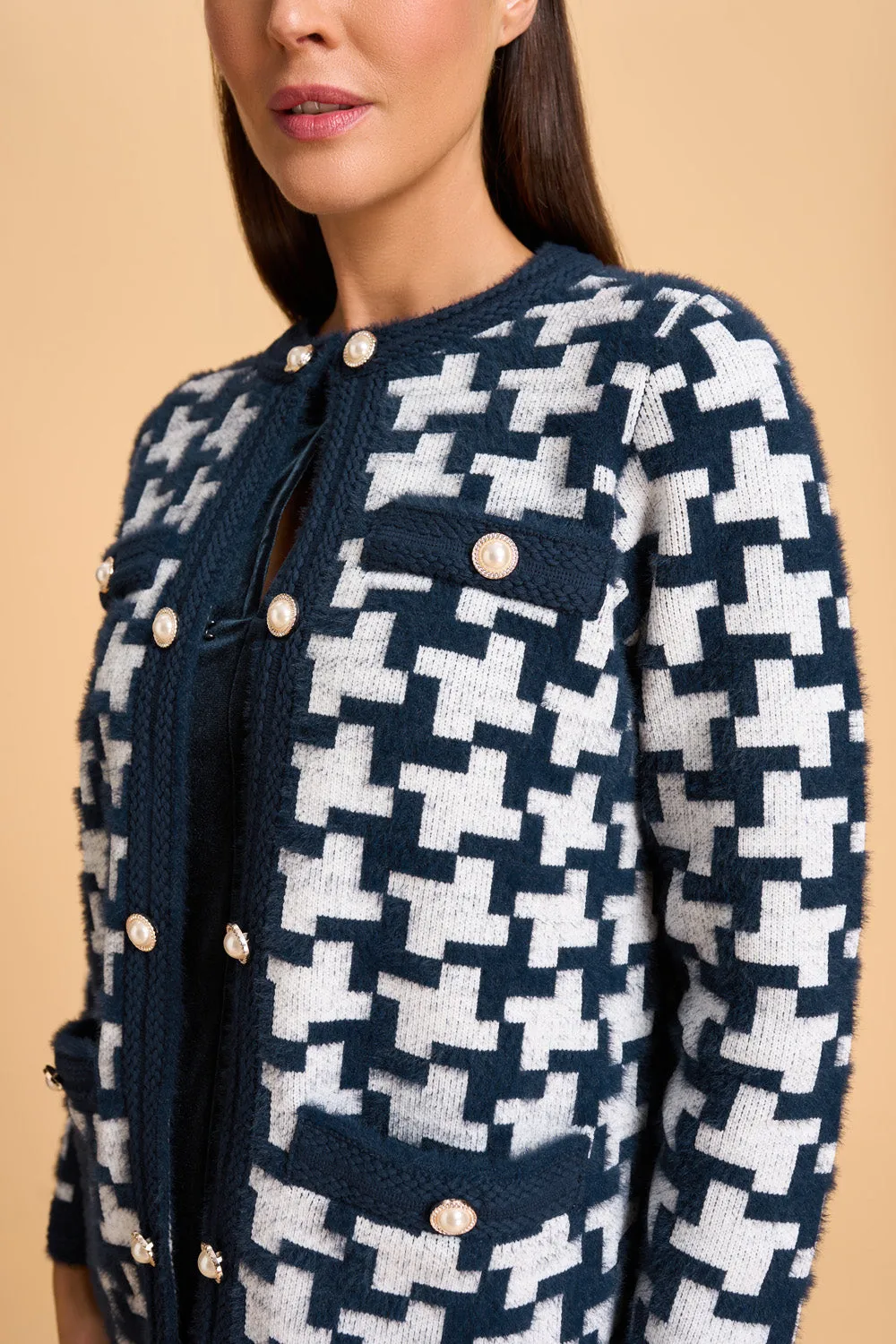 Faux Fur Cardigan - Ink Houndstooth