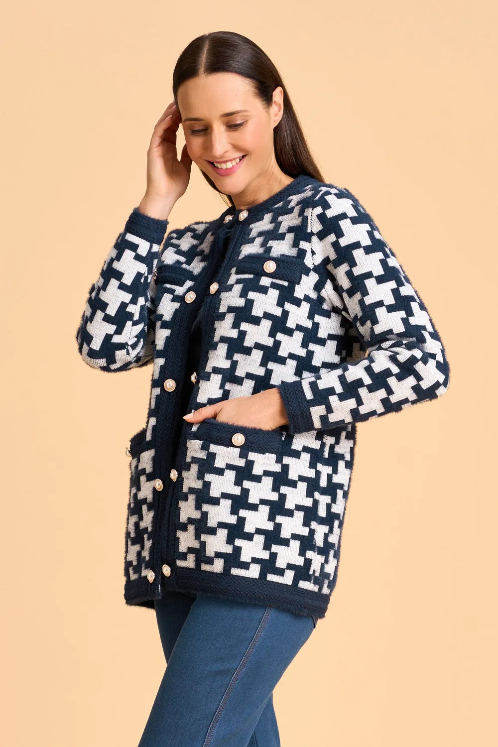 Faux Fur Cardigan - Ink Houndstooth