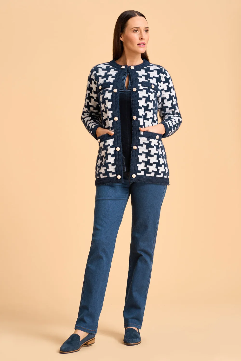 Faux Fur Cardigan - Ink Houndstooth