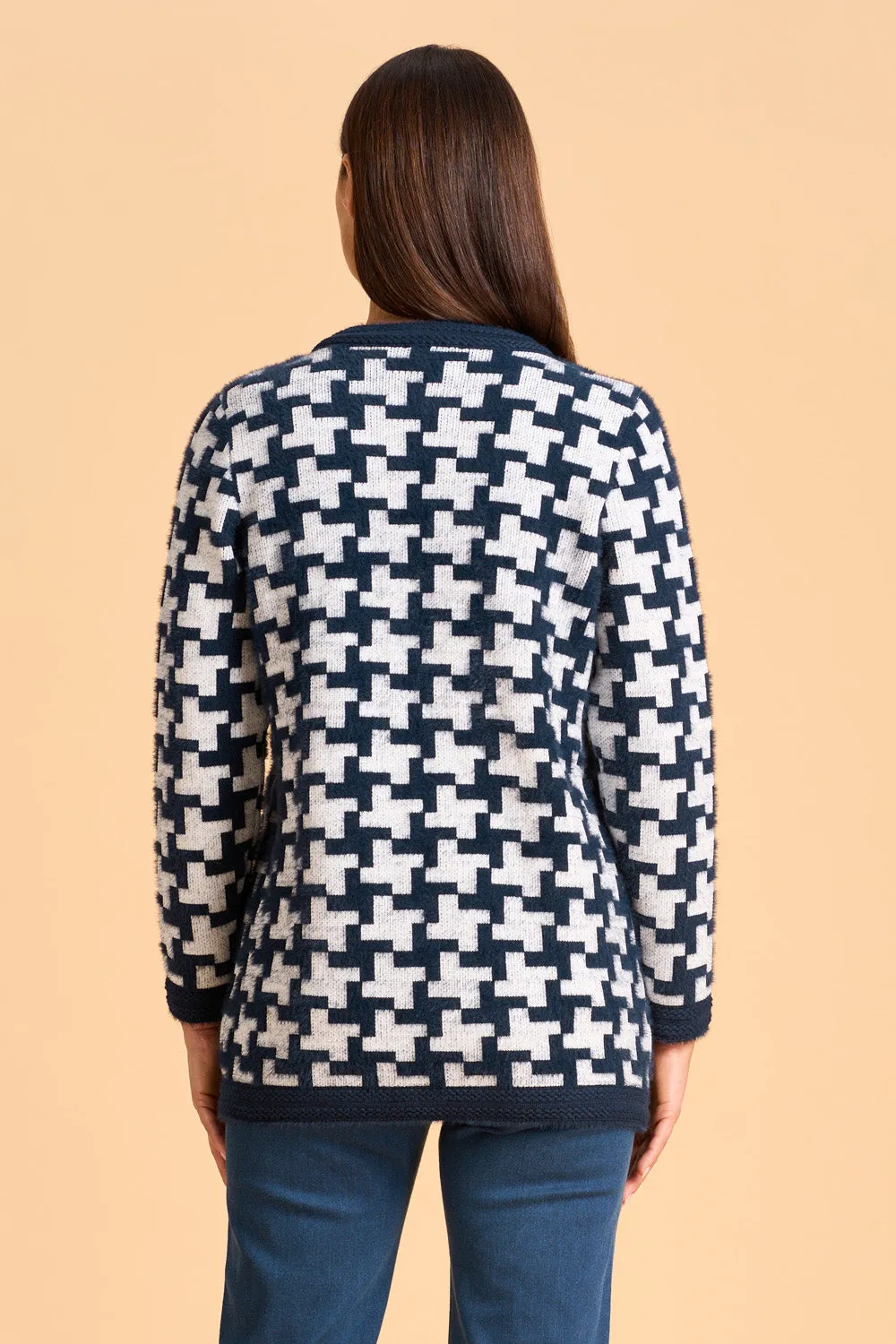 Faux Fur Cardigan - Ink Houndstooth