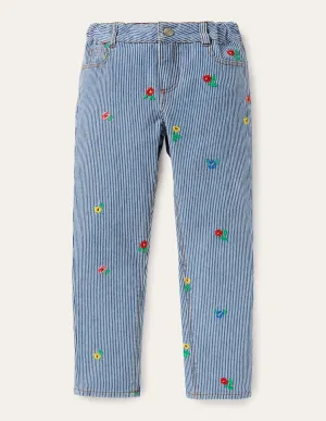 Girlfriend Jeans-Ticking Floral Embroidery