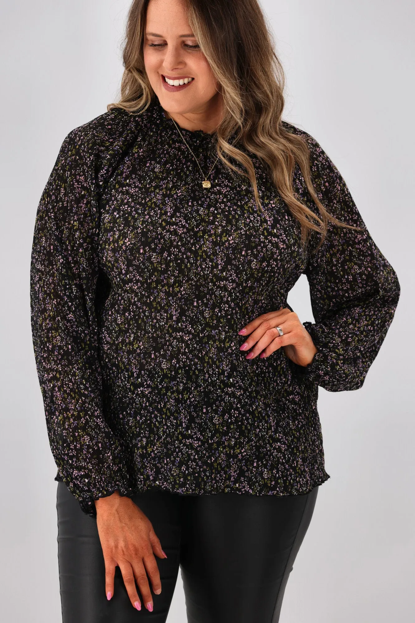 Gloss by Shine On Larisa Elastic Neck Micropleated Blouse Black Crinkle