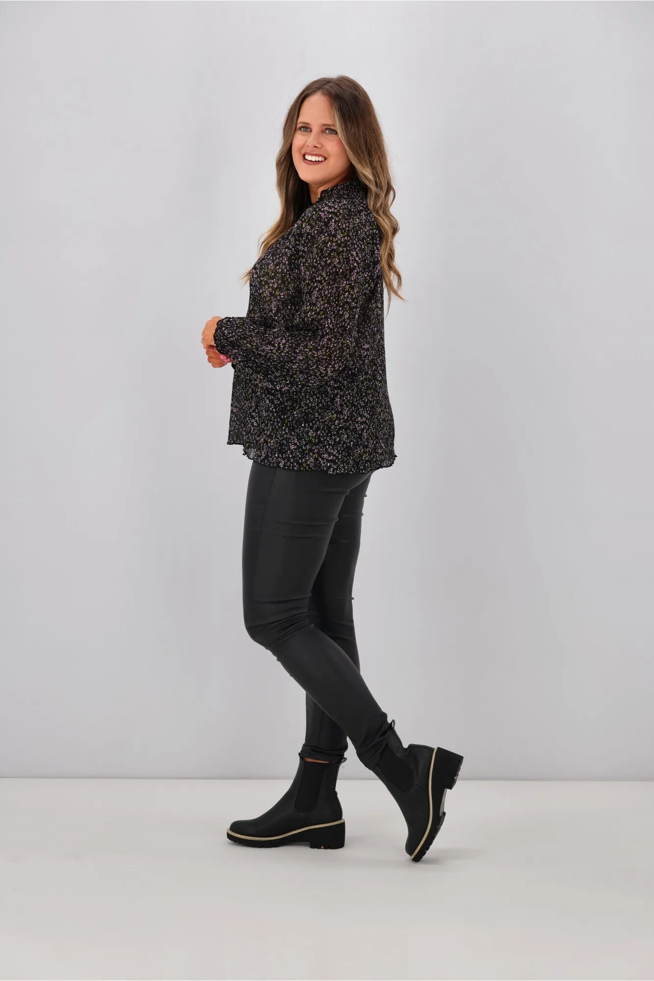 Gloss by Shine On Larisa Elastic Neck Micropleated Blouse Black Crinkle
