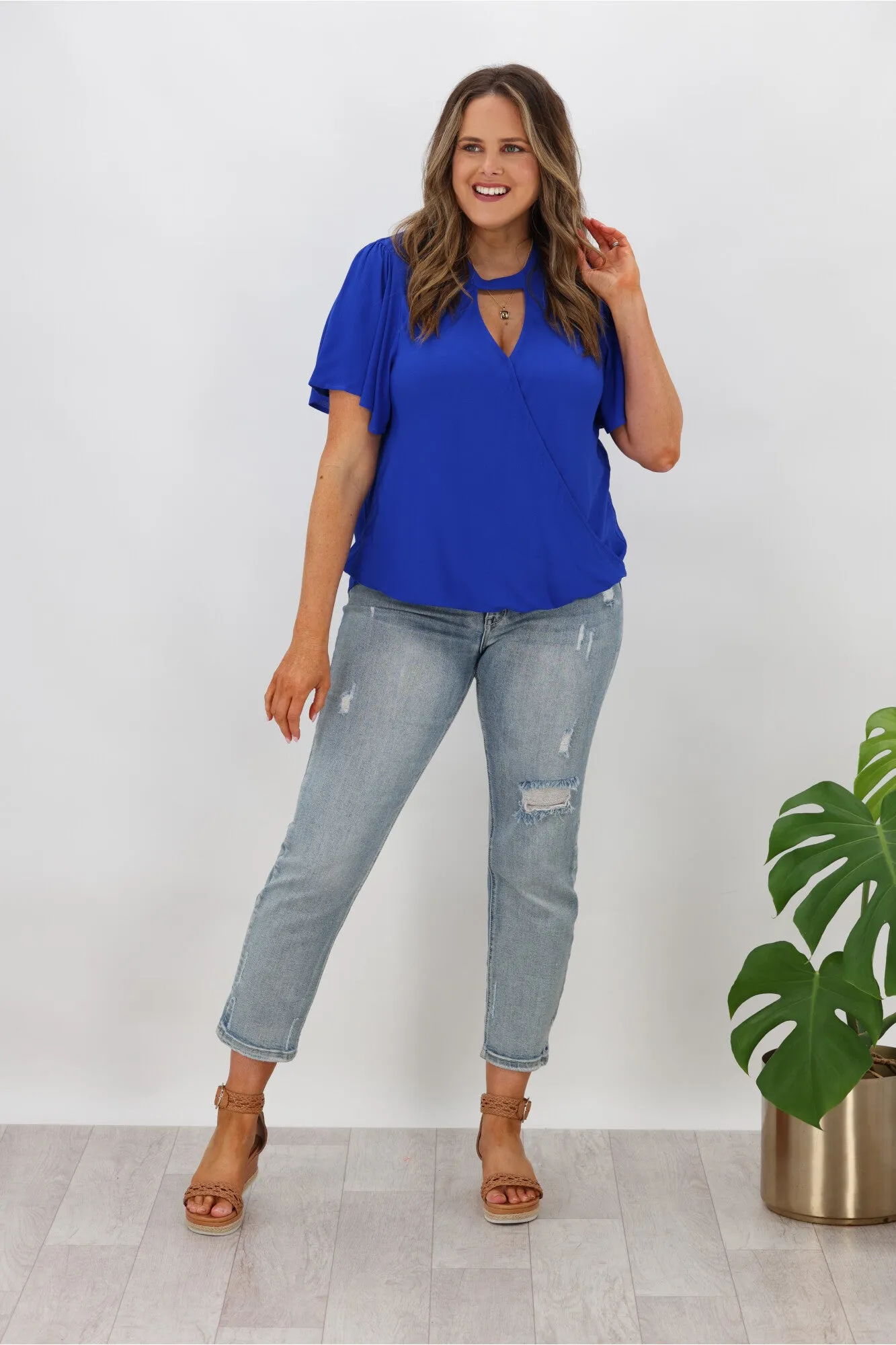 Gloss by Shine On Maria Crossover Front High Neck Blouse Cobalt