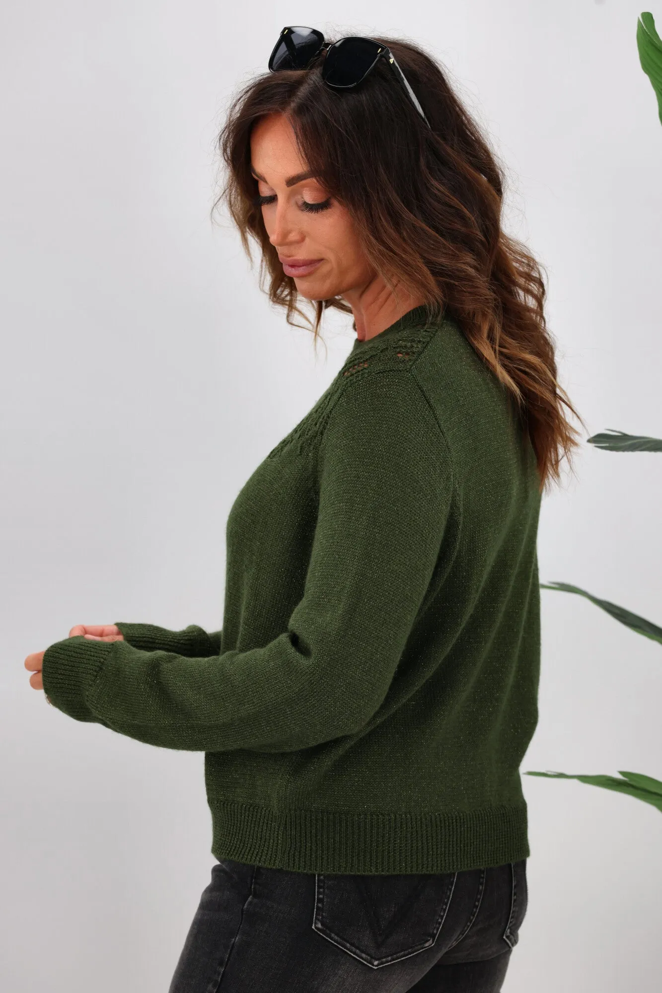 Gloss by Shine On Phoenix Pointelle Jumper Olive