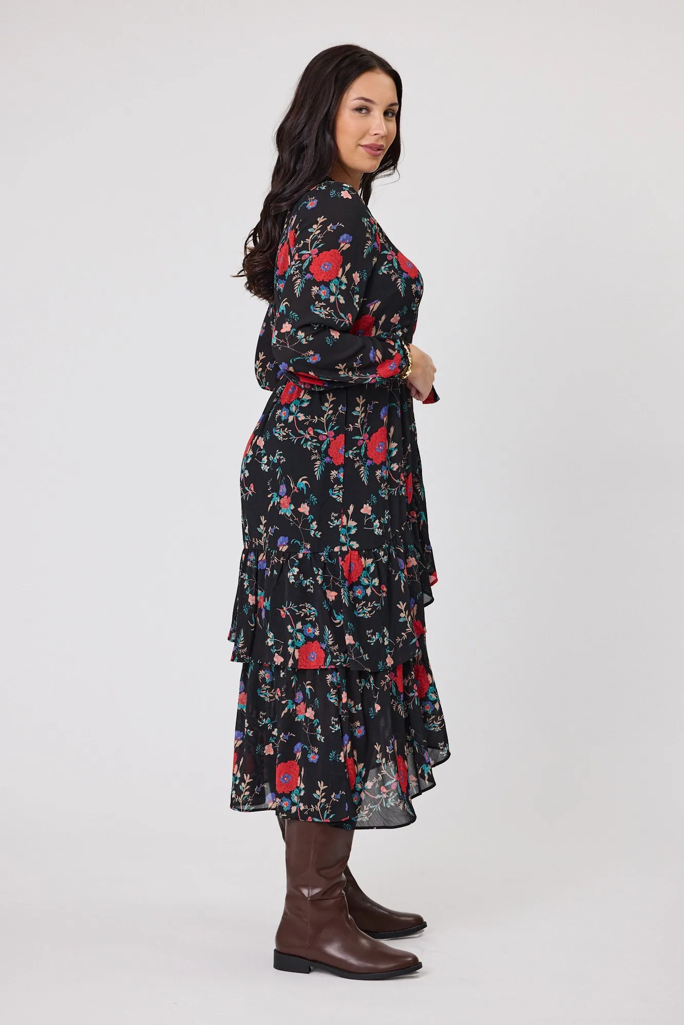Gloss The Label Peta Ruffle Mock Wrap Dress Rosetta Print