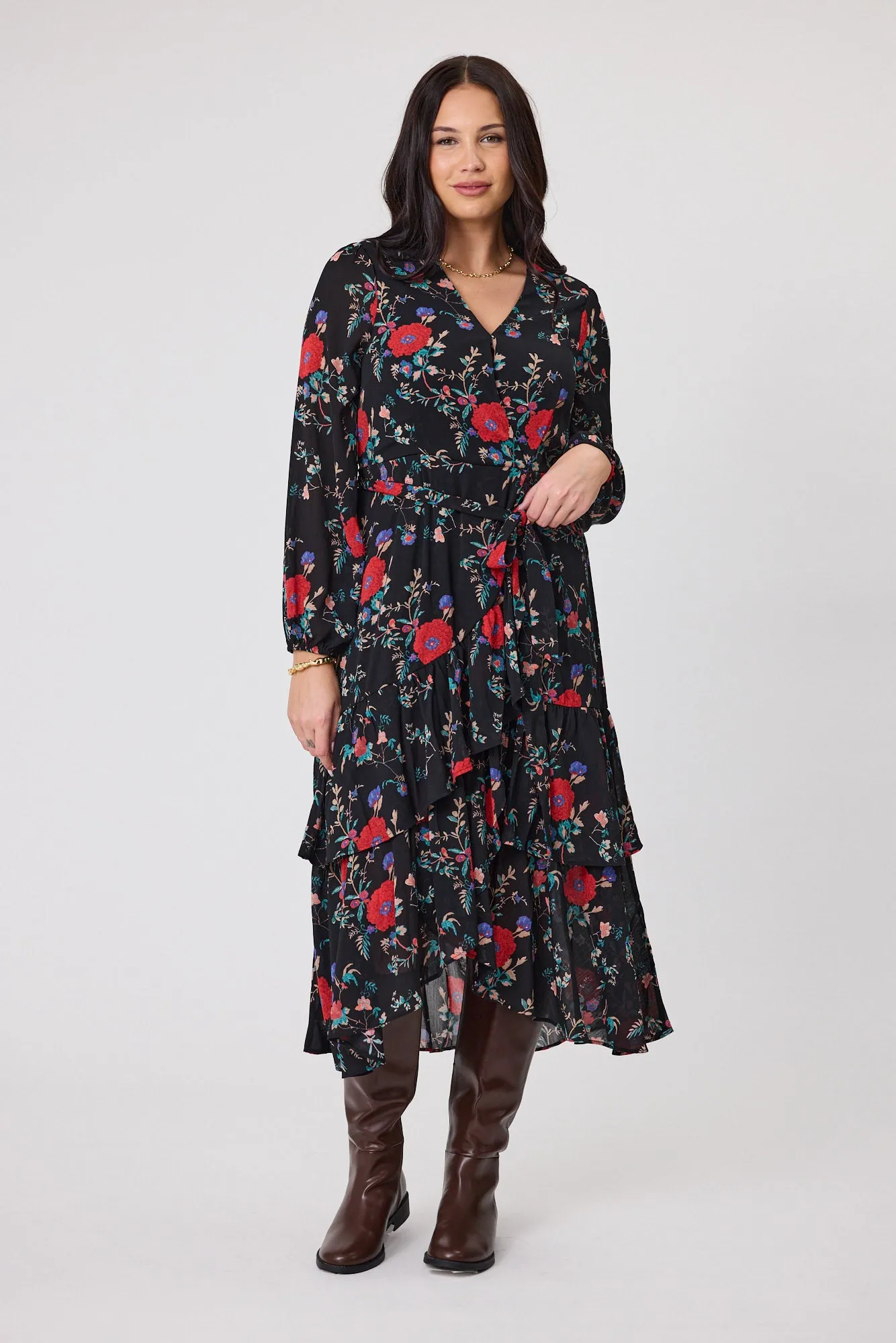 Gloss The Label Peta Ruffle Mock Wrap Dress Rosetta Print