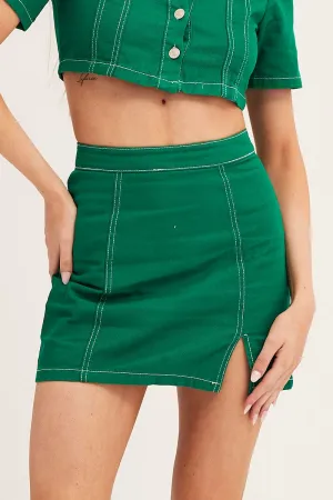 Green Contrast Stitch Mini Skirt