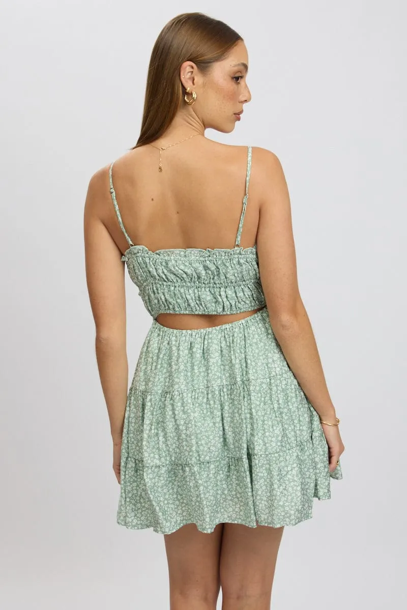 Green Ditsy Fit And Flare Dress Cut Out