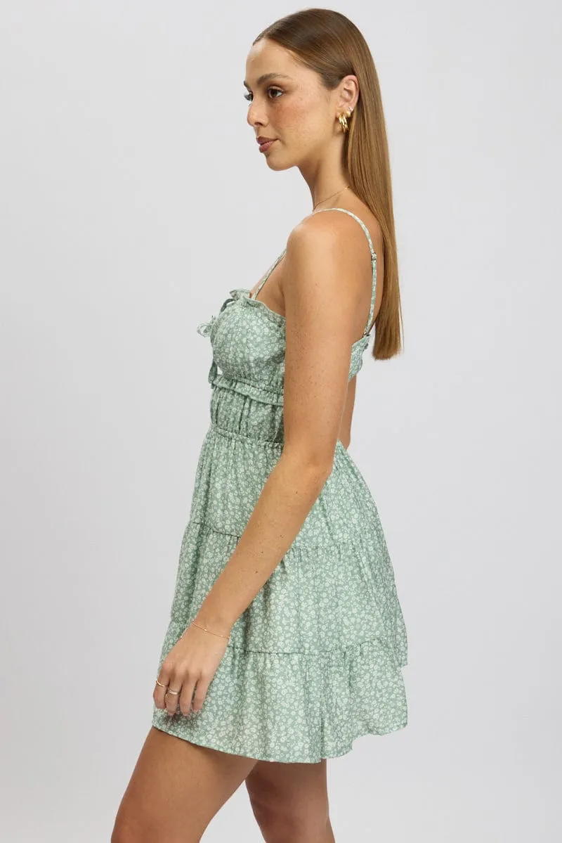Green Ditsy Fit And Flare Dress Cut Out