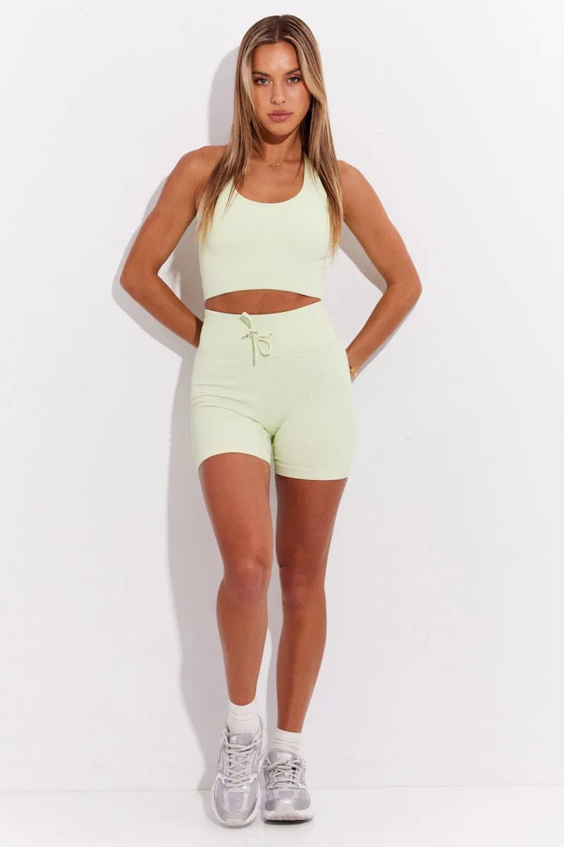 Green Seamless Halter Top And Bike Shorts Activewear Set