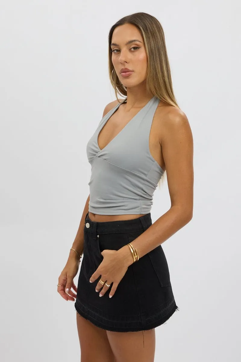 Grey Halter Neck Top V Neck Supersoft
