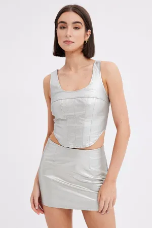 Metallic Mini Skirt Mid Rise PU Faux Leather Silver