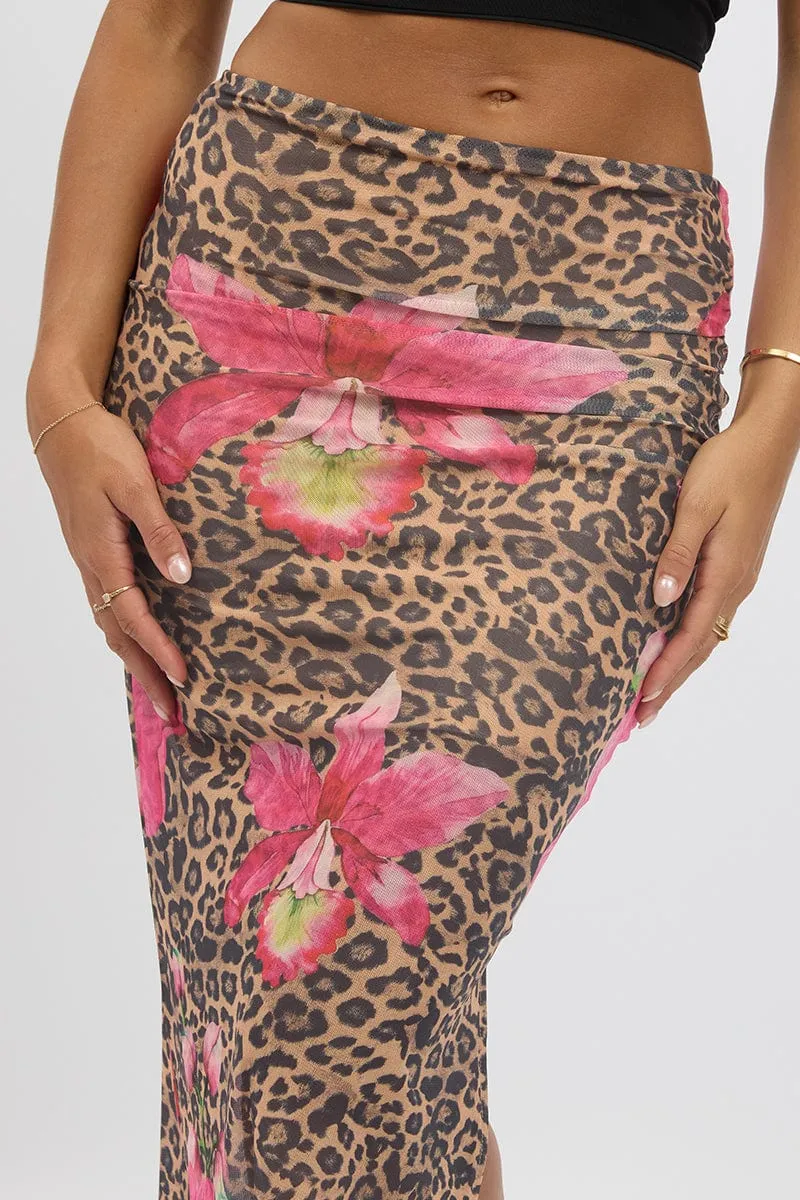 Multi Animal Print Midaxi Skirt High Rise Ruched Lined Mesh