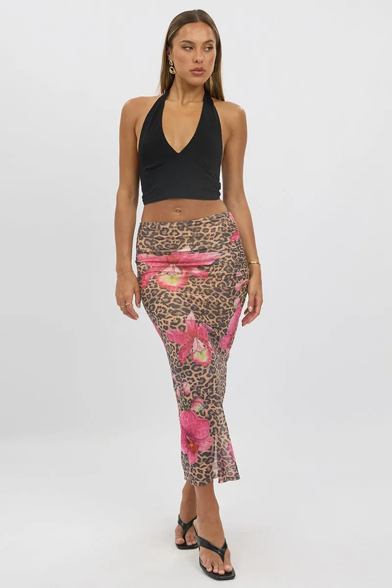 Multi Animal Print Midaxi Skirt High Rise Ruched Lined Mesh