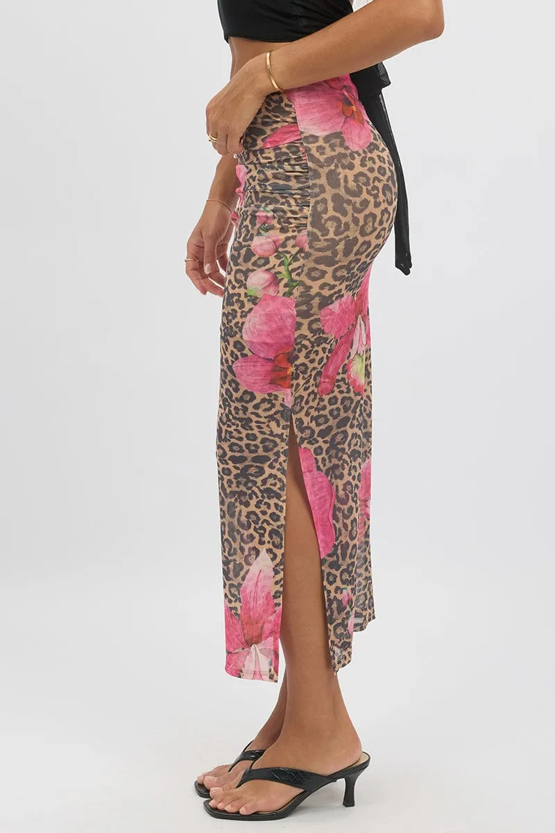 Multi Animal Print Midaxi Skirt High Rise Ruched Lined Mesh