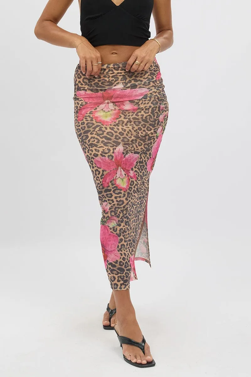 Multi Animal Print Midaxi Skirt High Rise Ruched Lined Mesh