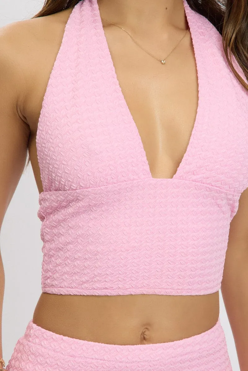 Pink Halter Neck Top Crop Textured