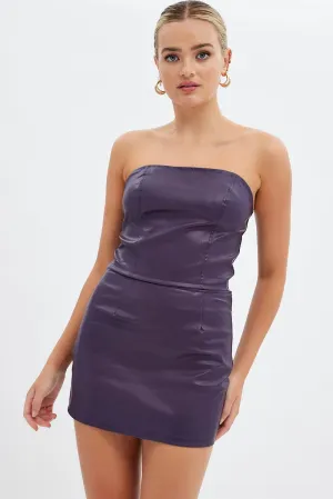 Purple Faux Leather Mini Skirt Mid Rise Stretch
