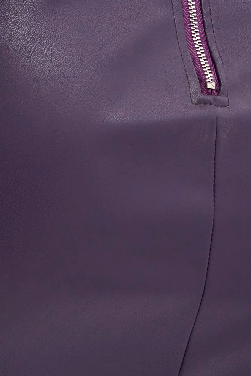 Purple Faux Leather Mini Skirt Mid Rise Stretch